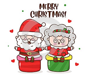 Cute Santa and mrs claus cartoon christmas gift. X mas card
