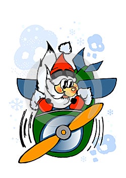 Cute Santa-pilot. A Christmas illustration cute, nice, funny cartoon Santa with gifts. Winter banner.