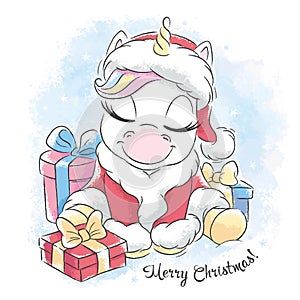 Cute santa unicorn. Cute unicorn with gifts. New Year and Christmas illustration