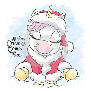 Cute santa unicorn. New Year and Christmas illustration
