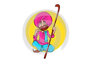 Cute Sardar ji sitting and holding a stick in hand.