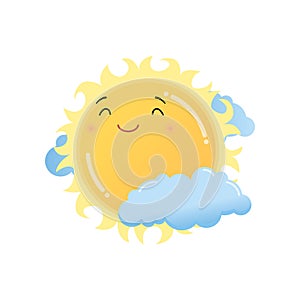 Cute satisfied yellow sun in clouds emoji sticker isolated on white background