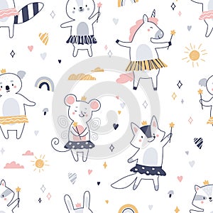 Cute Scandinavian animals pattern. Seamless background with fairy baby characters. Repeating print with fairytale rabbit