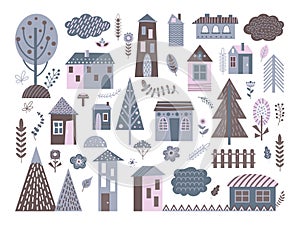 Cute scandinavian buildings. Abstract architecture, city landscape elements. Isolated nordic village houses, rural home