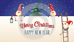 Cute Scandinavian Christmas Gnomes climb up the billboard using ladders. Merry Christmas and happy New year greeting card