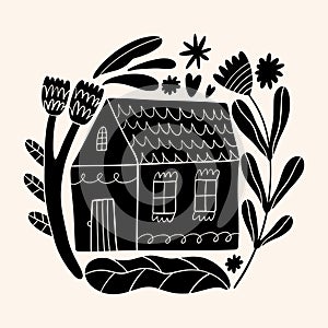 Cute Scandinavian house art. Folk rural rustic fairytale style, hygge and lagom design. Nordic scandi decor elements.