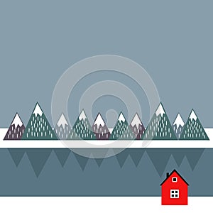 Cute scandinavian landscape with red house, sea and mountains.