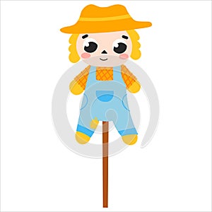 Cute scarecrow character in cartoon style isolated on white background for children books illustrations or posters, farm