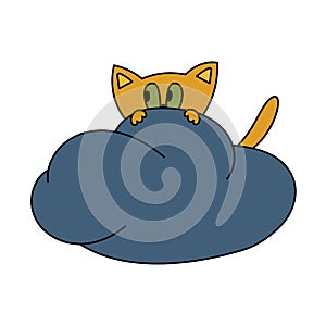 Cute scared cartoon cat on a cloud. Vector