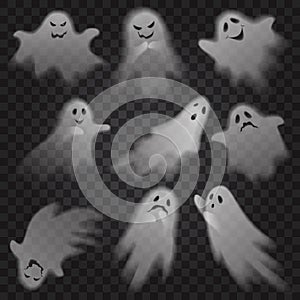 Cute scary ghosts phantoms on transparent alpha background set. Halloween characters vector illustration.