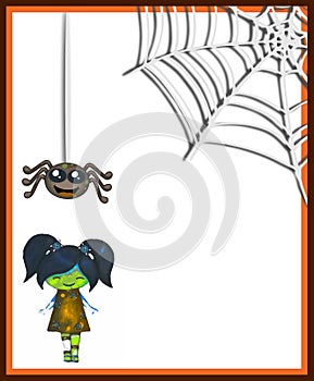 Cute scary girl with smiling spider and web