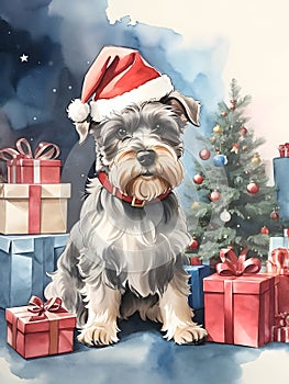 Cute schnauzer dog in Santa Claus hat with gift boxes and Christmas tree