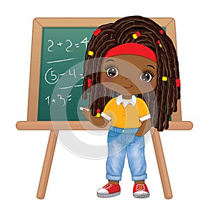 Cute School Afro Girl Standing near Blackboard. Vector Back to School