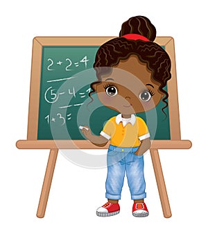 Cute School Afro Girl Standing near Blackboard. Vector Back to School