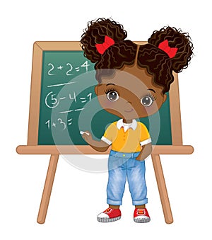 Cute School Afro Girl Standing near Blackboard. Vector Back to School