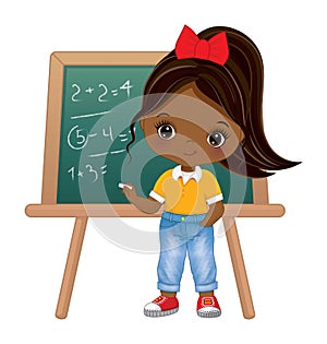 Cute School Afro Girl Standing near Blackboard. Vector Back to School