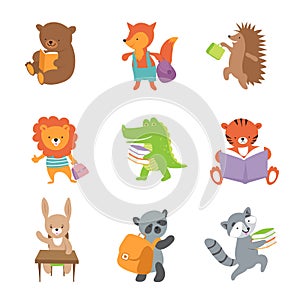 Cute school animals. Bear and fox, lion and crocodile, tiger and panda. Vector school baby animals set