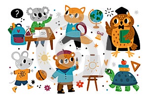 Cute school animals. Kids cartoon characters with educational supplies. Students study or paint. Wise owl in mantle