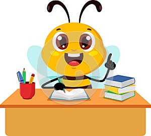 Cute School Bee Cartoon Character Sitting At A Desk And Writing In A Notebook