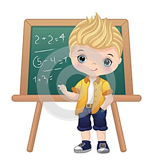 Cute School Boy Standing near Blackboard. Vector Back to School