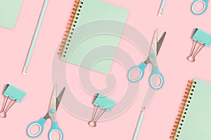 Cute school equipment pattern on a pink background