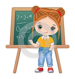 Cute School Girl Standing near Blackboard. Vector Back to School