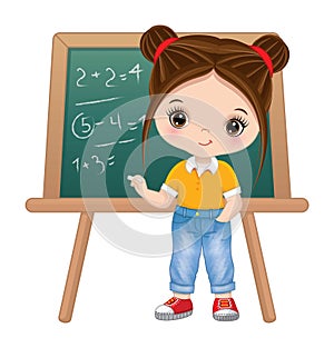 Cute School Girl Standing near Blackboard. Vector Back to School