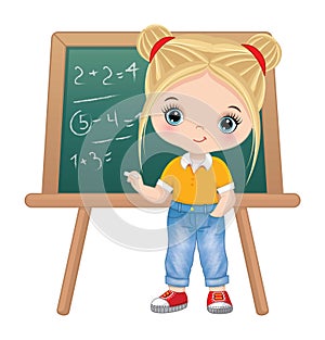 Cute School Girl Standing near Blackboard. Vector Back to School