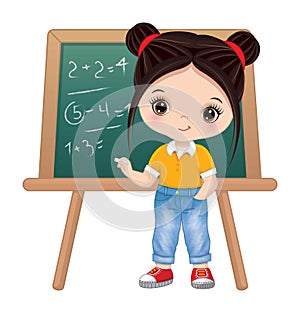 Cute School Girl Standing near Blackboard. Vector Back to School