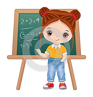 Cute School Girl Standing near Blackboard. Vector Back to School
