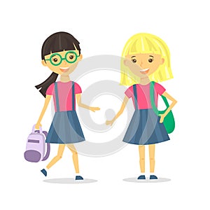 Cute school girls with school backpack. Vector Illustration.