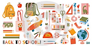 Cute school stationery and Art Supplies big Set, cartoon style. Kawaii accessories for study, student equipment. Back to