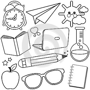 Cute school stationery and art supplies for students. School objects. Vector black and white coloring page.