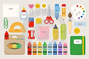 Cute school supplies characters set. Vector illustrations in kawaii style