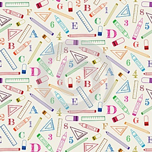 Cute school supplies with letters from the alphabet and numbers seamless pattern in outline style.