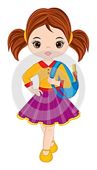 Cute School Teen Girl Holding Backpack. Vector School Girl with Rucksack