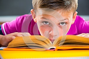 Cute schoolboy reading in classroom