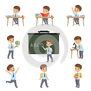 Cute schoolboy student in uniform in various activities set, boy at lessons of biology, geography, mathematics vector