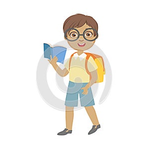 Cute schoolboy wearing glasses carrying backpack and holding blue book, a colorful character isolated on a white