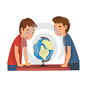 Cute Schoolboys at Geography Lesson, Boys Studying at Home, Homeschooling Cartoon Vector Illustration on White