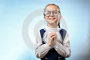 Cute Schoolgirl In Glasses Smile Implore Gesture