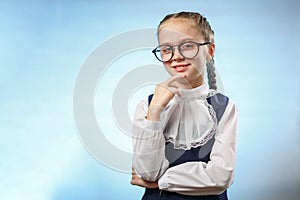 Cute Schoolgirl In Glasses Smile Implore Gesture