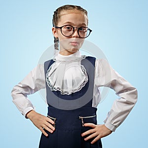 Cute Schoolgirl In Glasses Smile Implore Gesture