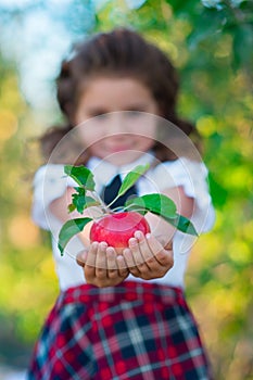 A cute schoolgirl is holding a red apple in hands, smiling at the camera. Childhood. Education. The concept of advertising and peo