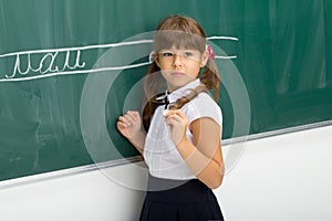 Cute schoolgirl writing on blackboard