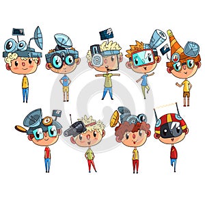 Cute scientist children working on physics science experiment set, funny boy in fantastic headdress with antennas vector