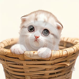 Cute Scottish fold kitten perched cutely in a bamboo basket