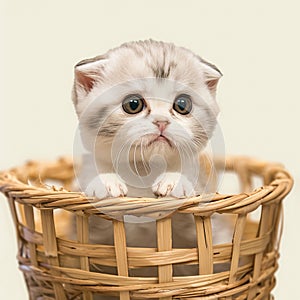 Cute Scottish fold kitten perched cutely in a bamboo basket