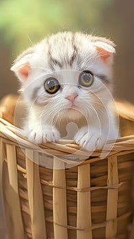 Cute Scottish fold kitten perched cutely in a bamboo basket