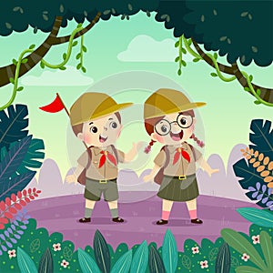 Cute scout boy and scout girl hiking in the forest. Children have summer outdoor adventure